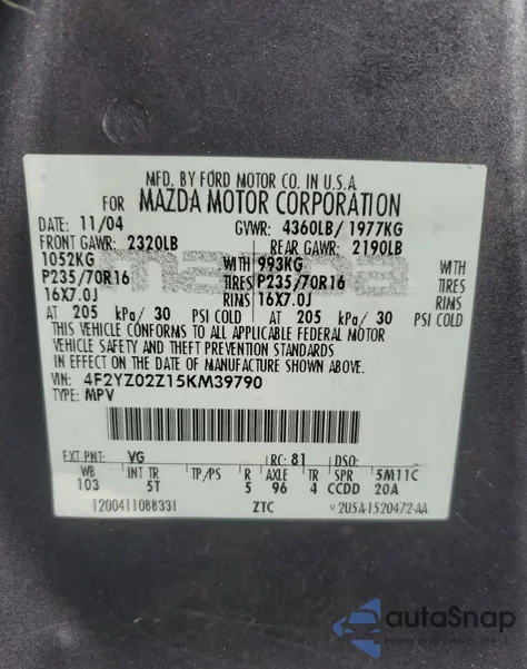 2005 Mazda Tribute I z USA, uszkodzony, nr VIN 4F2YZ02Z15KM39790